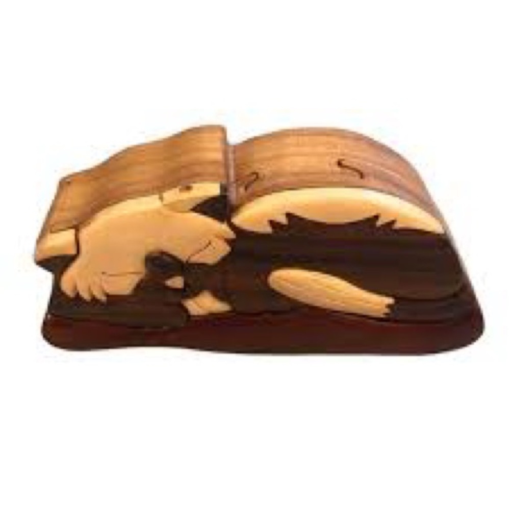 Daniel Terrico Sleeping Cat Pet Puzzle Box Hand Carved Exotic Hardwoods 7.25"